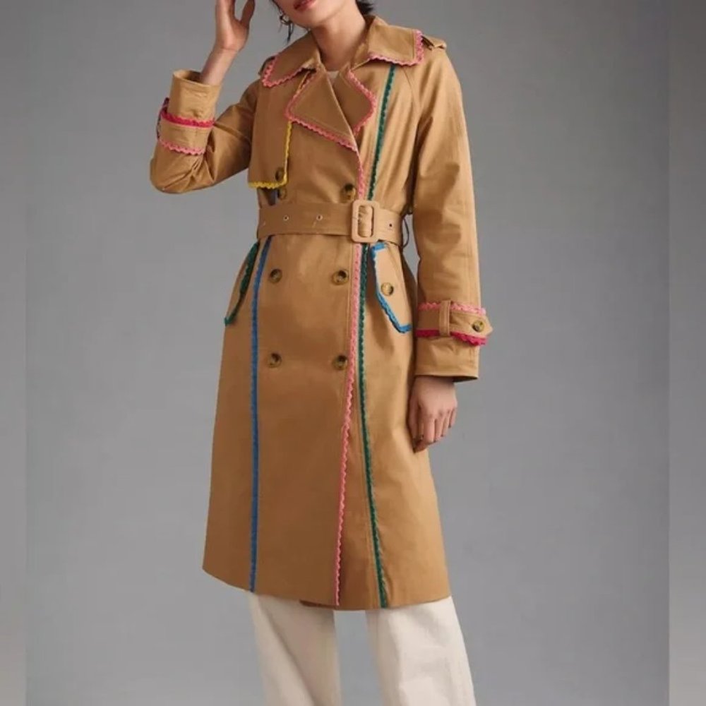 New With Tags! 7 For All Mankind Ribbon Trim Colorful Trimmed Trench Coat MED. - Picture 2 of 16